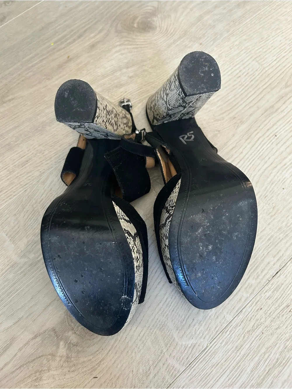 Kelsi Dagger Black Suede Sandals with Snake-Print Block Heel